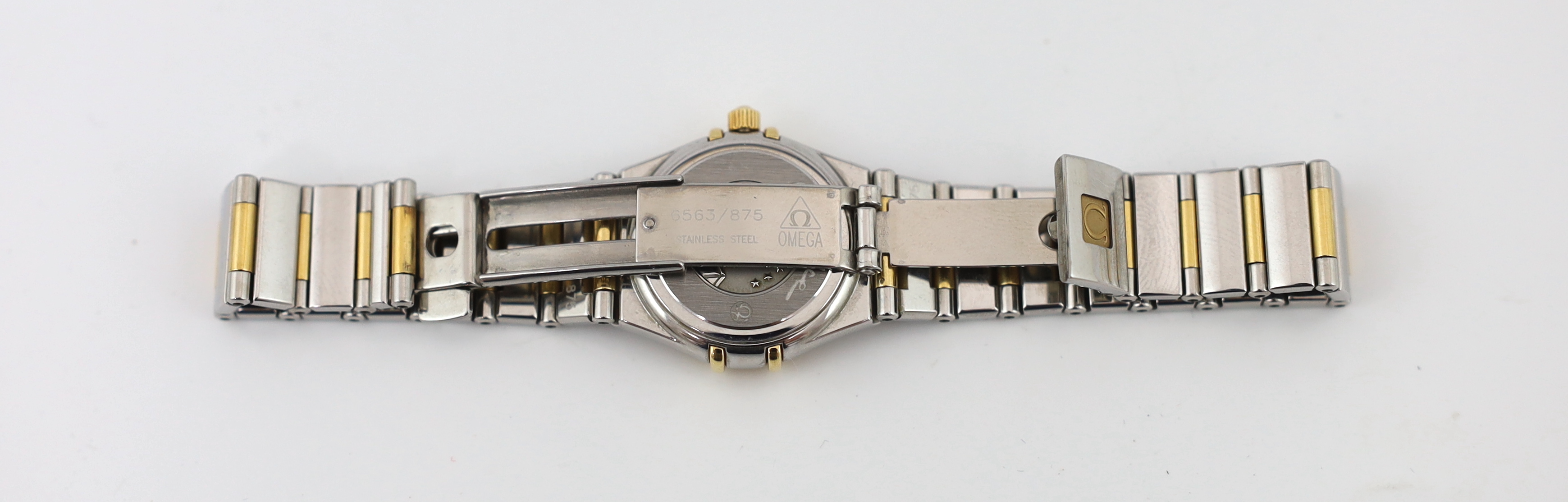 A lady's modern stainless steel and gold plated Omega Constellation quartz wrist watch